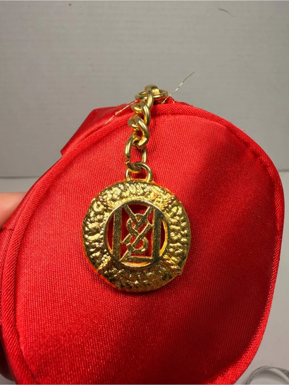 Yves Saint Laurent YSL Red Satin Cosmetic Makeup Bag with Logo Charm